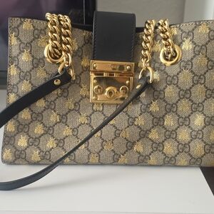 Gucci GG Bee Padlock Shoulder Bag Gold Chain Brown